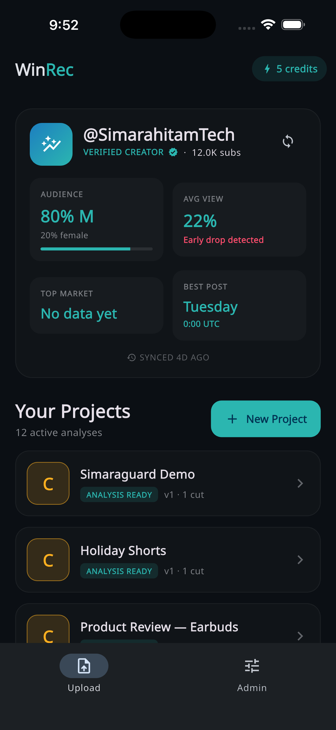 WinRec Creator home — channel intelligence and projects